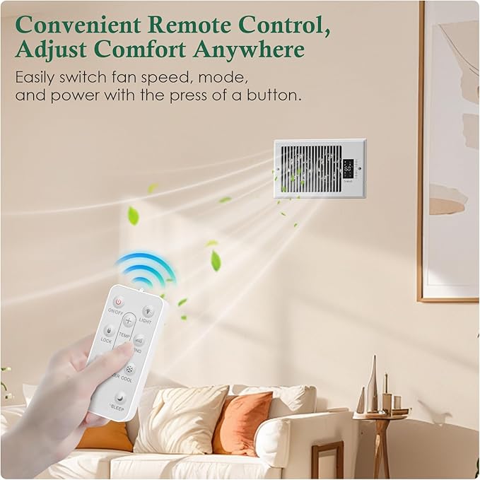 Register Booster Fan 6" x 10" with Negative Ion, Manual Airflow Direction Control, Quiet 10-Speed Heating Cooling AC Vent Fan with Remote & Thermostat Control for Wall Floor, White - Image 5