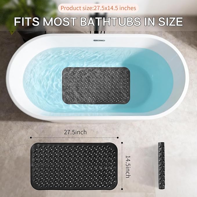 Anti-Slip Bathtub Shower mat, 27.5×14.5（Approximately 70×37cm） inch Soft Oversized Machine Washable Non-Slip Bathtub mat with Drainage Holes, Bathroom Floor Suction Cup.（1-Opaque Black） - Image 3