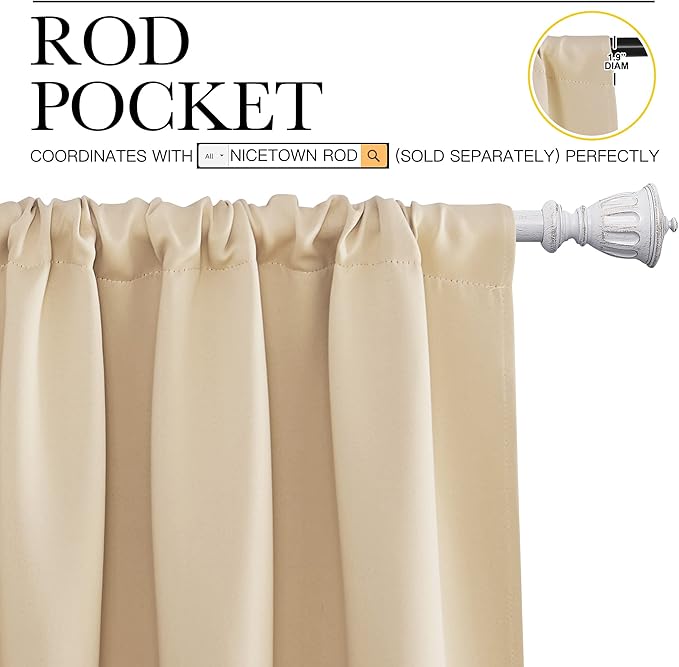 NICETOWN Blackout Room Darkening Curtains - Home Decoration Light & Noise Reducing Thermal Insulated Window Draperies with Rod Pocket Top (Biscotti Beige, Set of 2, 42 inches Wide x 45 inches Long) - Image 2