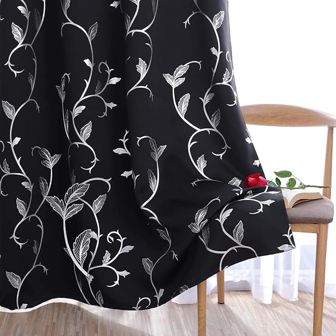 BUHUA Blackout Curtain 2 Panel Set Silver Vine Foil Print Thermal Insulated Drapes Room Darkening Curtains Grommet Window Treatment, 66 x 84 Inch, Black - Image 2