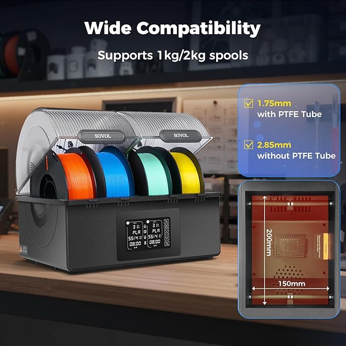 Sovol Filament Dryer 4 Spools, SH03 Dry Box with 85℃ Max Temp, Sealed Filament Storage Box with Auto Dehumiditification, Dual Independent Heating Chambers for PLA PETG ABS TPU ASA PC PA 1.75/2.85mm - Image 9