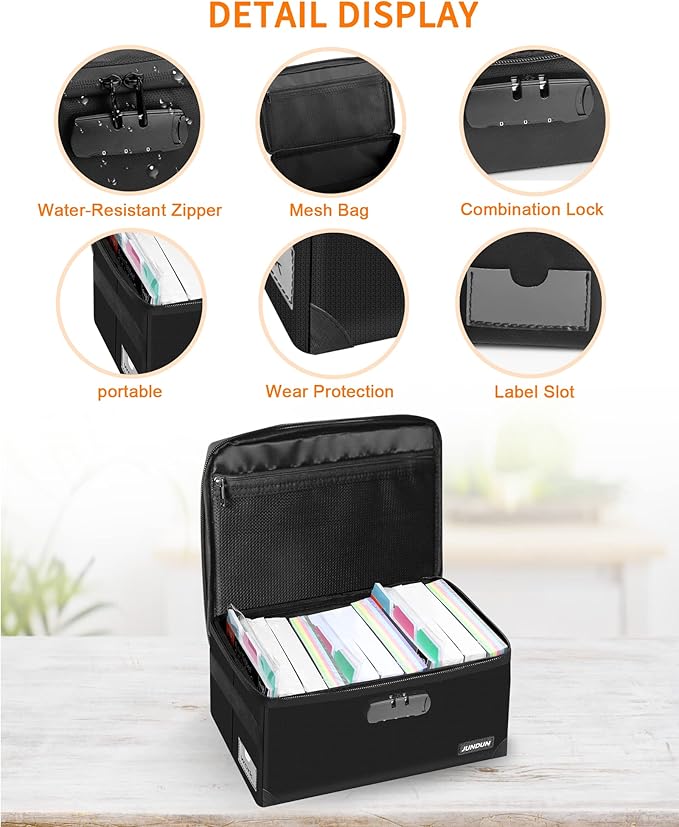 JUNDUN Index Card Holder with Lock,Collapsible Fireproof Index Card Box fits 1200 5x8-Inch Flash Cards - Business, Recipe, or Note Card Storage Boxes - Black - Image 3