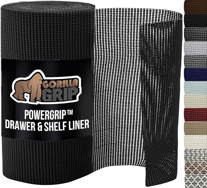 GORILLA GRIP powerGRIP Drawer Shelf and Cabinet Liner, Thick Strong Hold, Non-Adhesive Liners Protect Kitchen Cabinets and Cupboard, Bathroom Drawers, Easy Install, Breathable Mat, 24" x20', Black by GorillaGrip