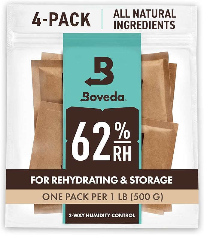 Boveda 62% Two-Way Humidity Control Packs For Storing 1 lb – Size 67 – 4 Pack – Moisture Absorbers for Storage Containers – Humidifier Packs – Hydration Packets in Resealable Bag by Boveda