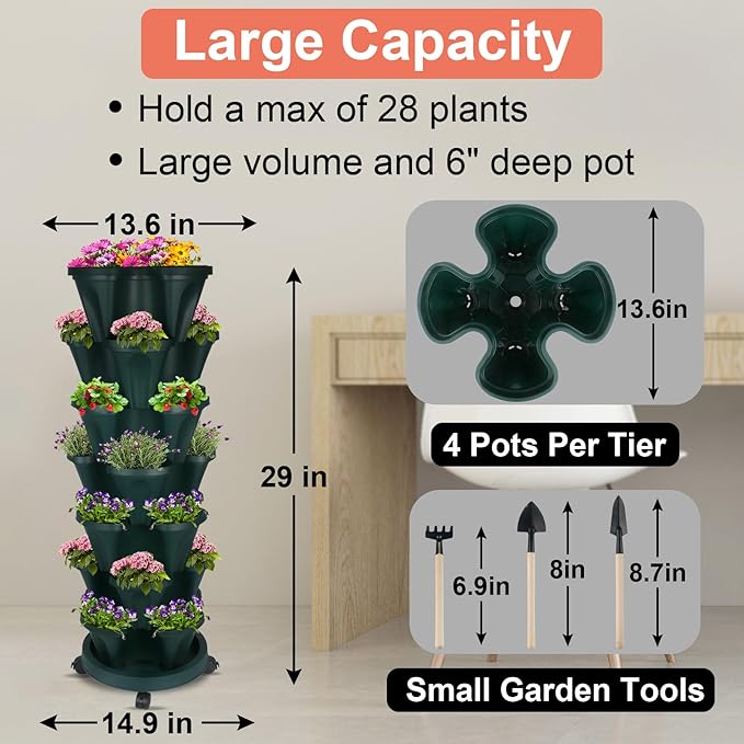 DUNCHATY Stackable Planter, Vertical Garden Planter with Wheels and Tools, Self Watering Strawberry Planter Indoor/Outdoor 7 Tier Herb Planter Pots for Growing Vegetables and Succulents,Pine Green - Image 3