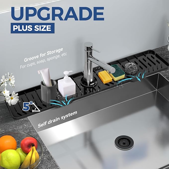 24" Splash Guard Plus Size Silicone Sink Faucet Drying Mat Handle Drip Catcher Tray Dish Sponge Holder Kitchen Accessories Protector Home Organization Gadgets Organizer - Image 4