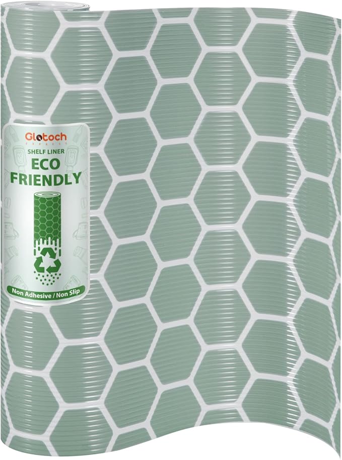 Glotoch Premium Non Slip Shelf Liner, 12” X 20 FT Drawer Liner Non Adhesive, Waterproof Shelf Liners for Kitchen Cabinets, Drawer, Fridge, Wire Shelving, Pantry, Bathroom-, Heavy Duty, Green Geometric by GlotochExpress