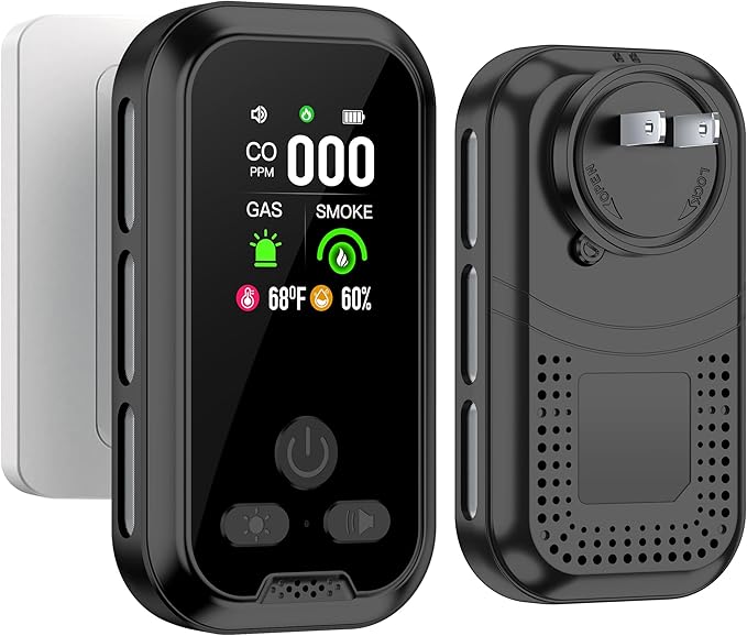 5IN1 Plug in Smoke & Carbon Monoxide Detector & Combustible Natural Gas Combination Builti-in Backup Battery HD Screen [Smoke CO Gas Temp Humidity Sensor] for Home Hotel RV (1-Pcs, Black) by HAKINAKU