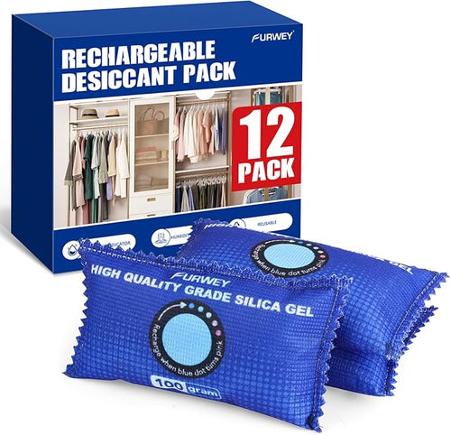 12 Pack Rechargeable Desiccant Packs, 100g Each, Blue, Color Indicating Silica Gel Dehumidifier Bags for Storage, Closets, Cars, Bins by FURWEY