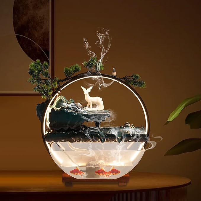 17Inch Mini Fish Tank Tabletop Decoration Indoor Waterfall Fountains Humidifier with LED Light and Atomizer Mist, Water Fountain Japanese Zen Decor Meditation Fake Plants Bonsai Gift - Image 8