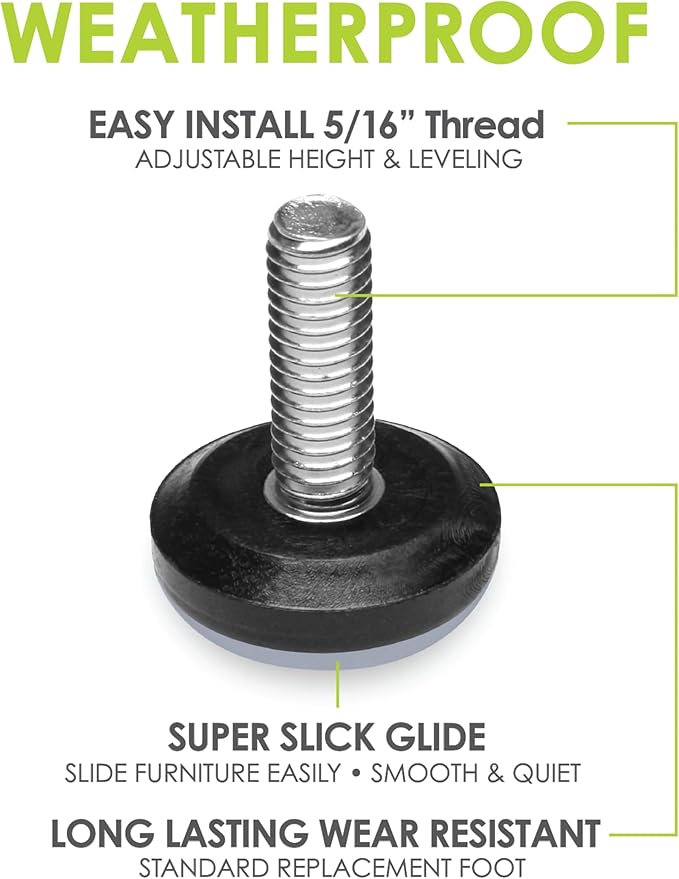 Slipstick Gorilla Outdoor Adjustable Furniture Levelers (8 Pack) Weatherproof Screw in Leg Glides for Chairs, Tables, and Outdoor Furniture Feet, 1-1/8 Inch Slider Glide, 5/16"-18 BSW Thread - Image 2