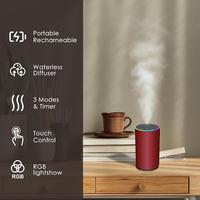Waterless Essential Oil Diffuser, Battery Powered Mini Scent Air Machine, Aromatherapy Mist Diffuser for Home Room Car Office (red) - Image 4