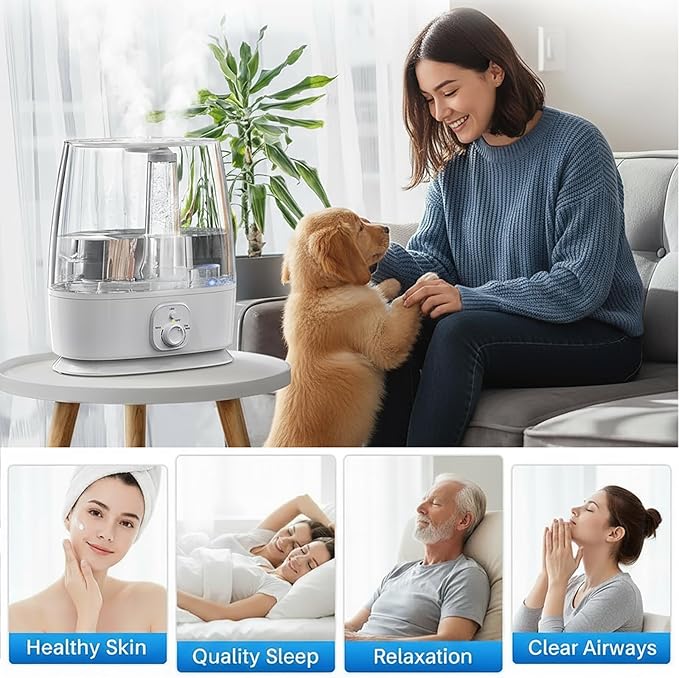 6L Humidifier for Large Room - Cool Mist Ultrasonic with 60H Runtime, Top Fill, Whisper Quiet ≤28dB, Auto Shut-Off, Essential Oil Diffuser & Night Light for Baby Nursery Bedroom Office - Image 3