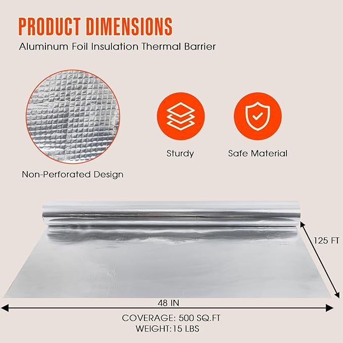 Sauna Foil Vapor Barrier, 500 sqft Aluminum Insulation Roll Heavy-Duty Non-Perforated Reflective Thermal Barrier for Energy Efficient Sauna, Attic, Garage and Crawl Space (4FT x 125FT) - Image 2