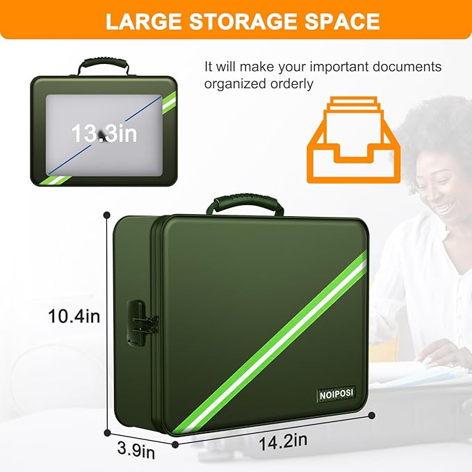 Noiposi Document Organizer with 5200℉ Heat Insulated,Waterproof and Fireproof Document Box,Portable Home Travel Safe Storage Box for Important Documents,File and Birth Certificate，Green - Image 6