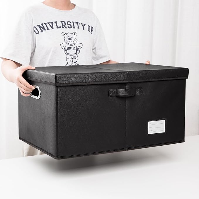 PRANDOM Collapsible Storage Box with Lid [3-Pack] Leather Fabric Foldable Storage Bin Organizer Container Basket Cube with Cover for Home Bedroom Closet Office Nursery Black(22.8X15.7X11.8) - Image 6