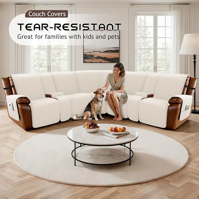 Arfntevss Waterproof Recliner Sectional Couch Covers for Reclining L Shape Sofa Cover Non Slip Washable L Shaped Slipcover Sets for Dog Furniture Protector (5 Seat with 2 Console Cover, Beige) - Image 7