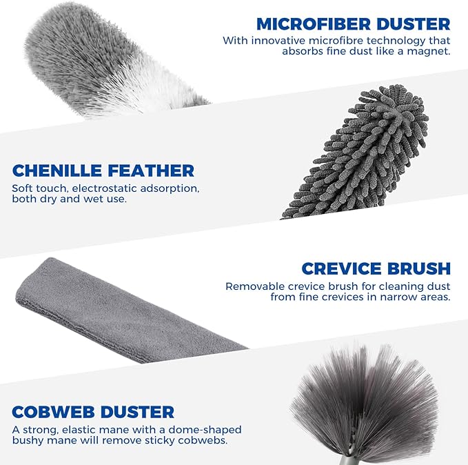 9Pcs Dusters for Cleaning Kit, Extendable Microfiber Duster Tools with 100" Long Pole, Retractable Gap Bendable Dust Cleaner, Reusable Washable Cleaning Supplie for Ceiling Fan Furniture Cars and Home - Image 3