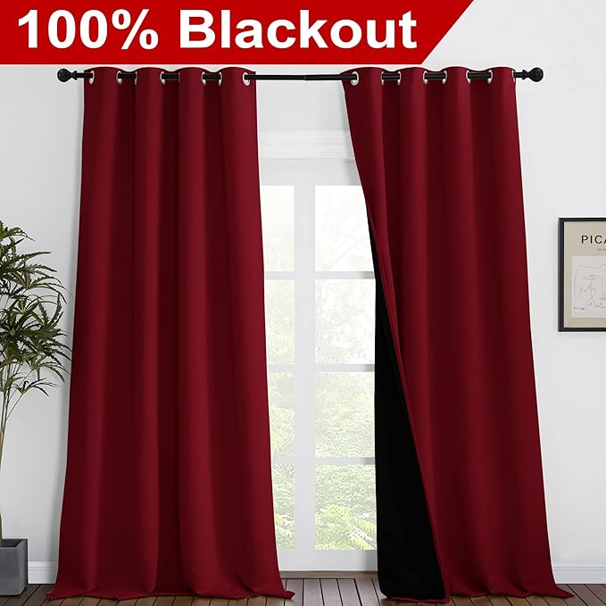NICETOWN Truly Blackout Drapes for Living Room, Heavy-Duty Full Light Shading Curtain Set with Black Liner Backing for Villa/Hall/Dorm Window（Burgundy Red, Set of 2, 55 inches Wide x 96 inches Long - Image 2