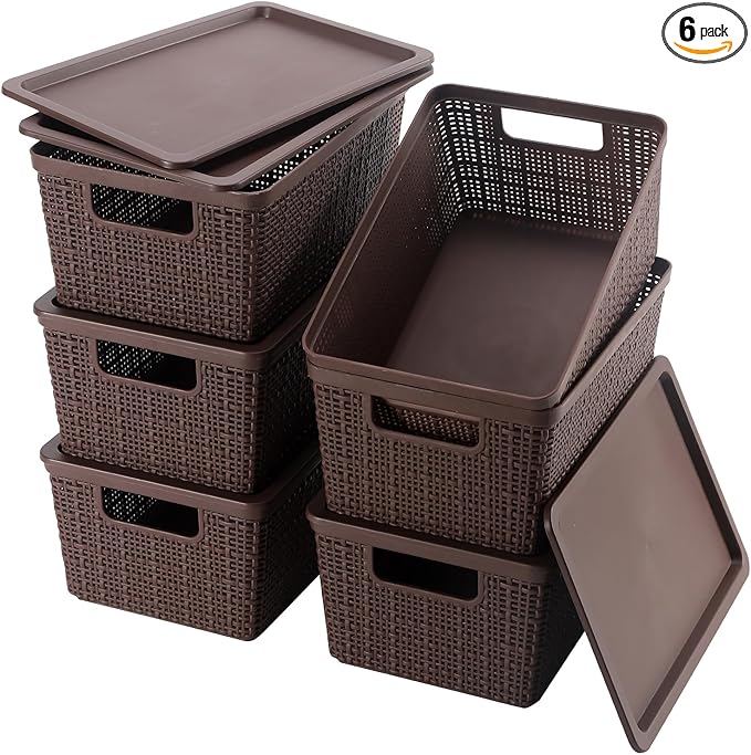 6 Pack Plastic Storage Baskets With Lids,Brown Breathable Stackable Storage Bins,Small Storage Containers,for Organizing Storage Baskets on Desktops,Closets,Playrooms,Classrooms,Offices by WRRLORS