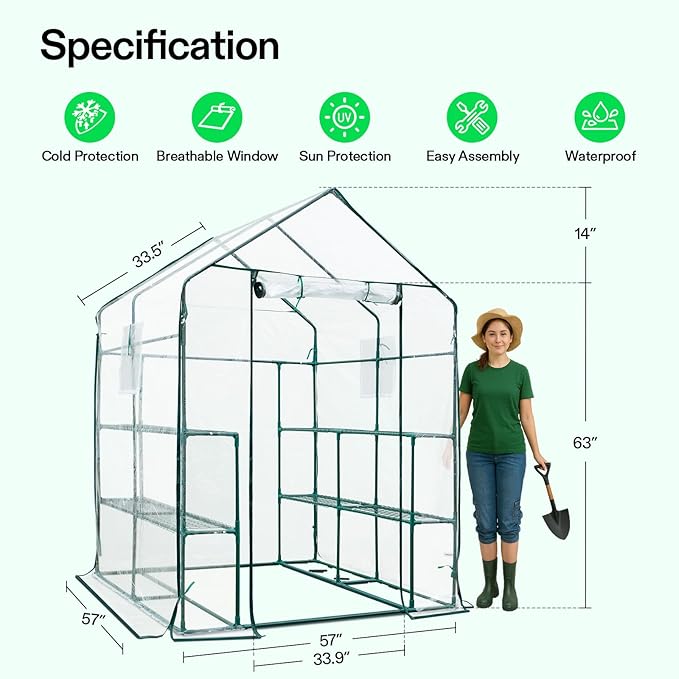 VIVOSUN 57x57x77-Inch Transparent Mini Walk-in Green House with Window and Anchor, Plant Garden Hot House 2 Tiers 8 Shelves, 4.7 x 4.7 x 6.4 FT - Image 2