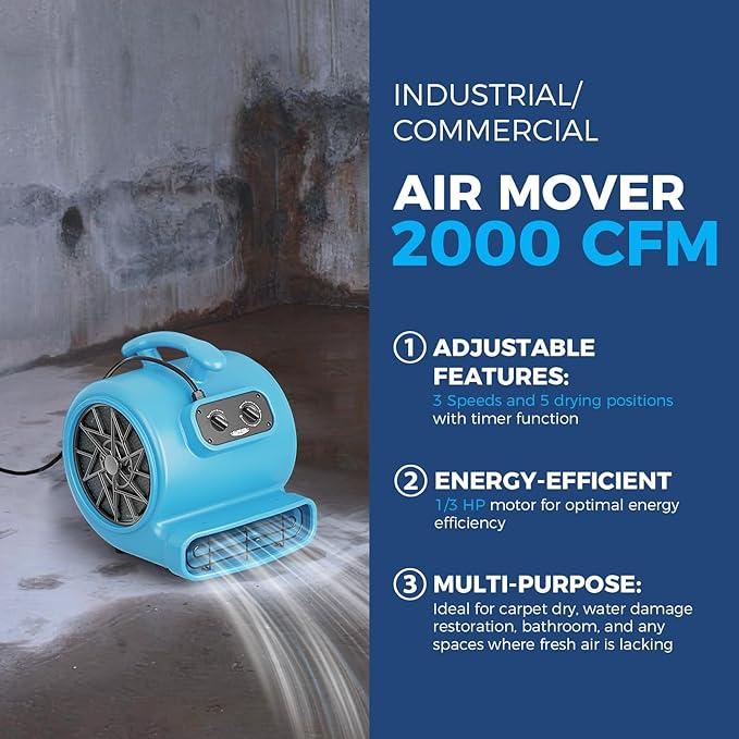 ALORAIR 2000 CFM Air Mover Blower Fan for Industrial, Floor Drying Fan, Carpet Dryer - Timer, Filter, Stackable, 3 Speeds, 5 Adjustable Angles, for Water Damage Restoration and Plumbing - GE2000TF - Image 2