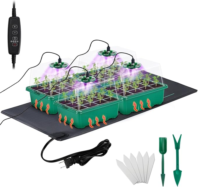 Seed Starter Tray with Grow Light & Heat Mat- 4 Pack 48 Cell Durable Easy Use Seed Starter Kit for Beginners, Thriving Seedling Germination Kit with Humidity Domes for Indoor Plant Growing Propagation by Apipi