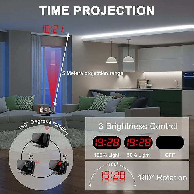 Projection Alarm Clock for Bedrooms Ceiling, Digital Clock Radio with USB Charger Port, Temperature & Humidity Display, 7.3” Large LED Display,12/24H,Snooze,Dual Loud Clock- 4 Dimmer - Image 2