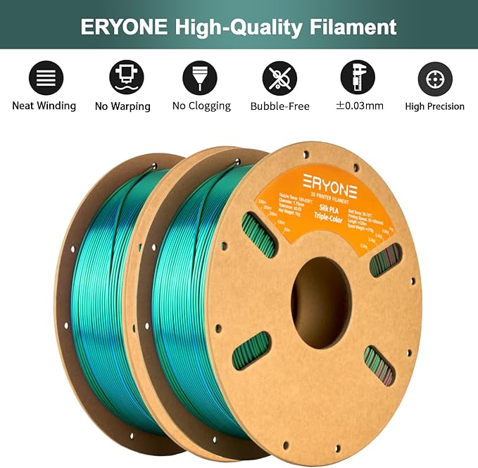 ERYONE Silk Tri Color PLA Filament 3D Printer 1.75mm +/- 0.03mm, Multicolor Filament Tricolor PLA Bundle 2KG Cardboard Spool, Red Blue Green - Image 3