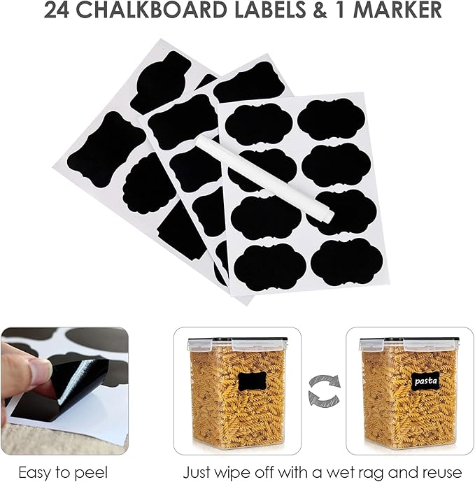 Vtopmart 4 PCS Large Food Storage Containers 5.2L / 175oz, 4 Pieces BPA Free Plastic Airtight Canisters for Flour, Sugar, Baking Supplies, Rice with Lids, 4 Measuring Cups and 24 Labels, Black - Image 7