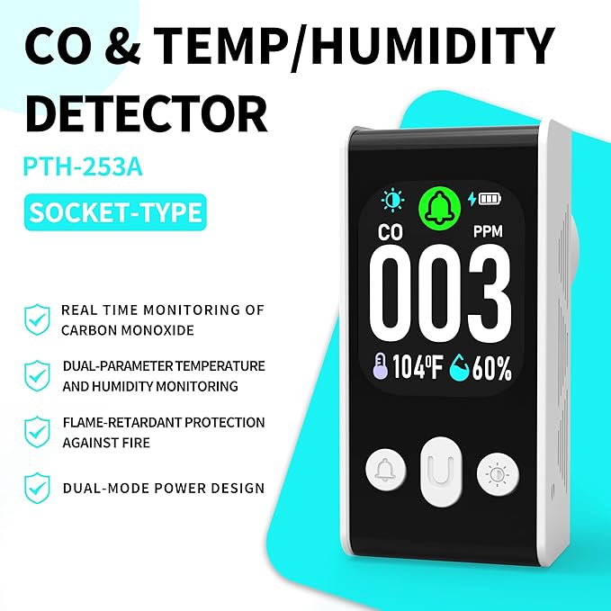 Protmex Carbon Monoxide Detector, 3-in-1 Plug-in CO Alarm with Temperature & Humidity Monitor, Smart Air Quality Monitor with Digital Display, Dual Alert, Back-Up Battery for Home, Bedroom, RV - Image 2