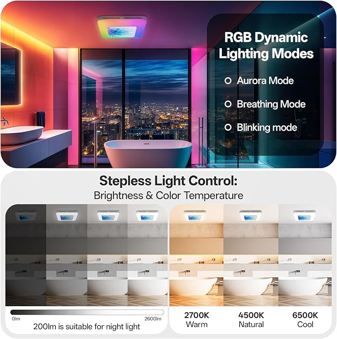 Bathroom Exhaust Fan with Light Humidity Sensor, Bathroom Fan with Odor & Humidity Sensor, 230 CFM 1.0 Sone Venlitation Fan with 3CCT LED Light 7 LED Color, Remote Control Easy Install - Image 7