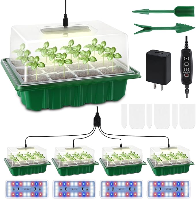 Seed Starter Tray Medium Size 4 Packs, Seed Starter Kit with Upgraded 24 Full Spectrum LEDs, Adjustable Brightness and Timer, with Drainage Holes, Tools and Labels for Indoor Plant Growing by RODINTOOfficial