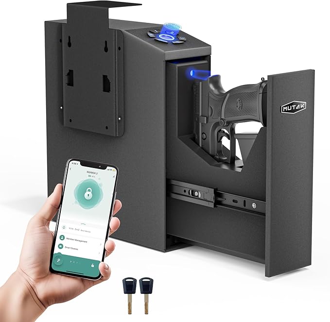 Gun Safe for Handgun, Slider Biometric Pistol Safe, 4 Ways Quick Access with APP/Fingerprint/PIN Code/KEY, Single GunSafe for Nightstand Bedside Home,Wall, Dresser by Mutak