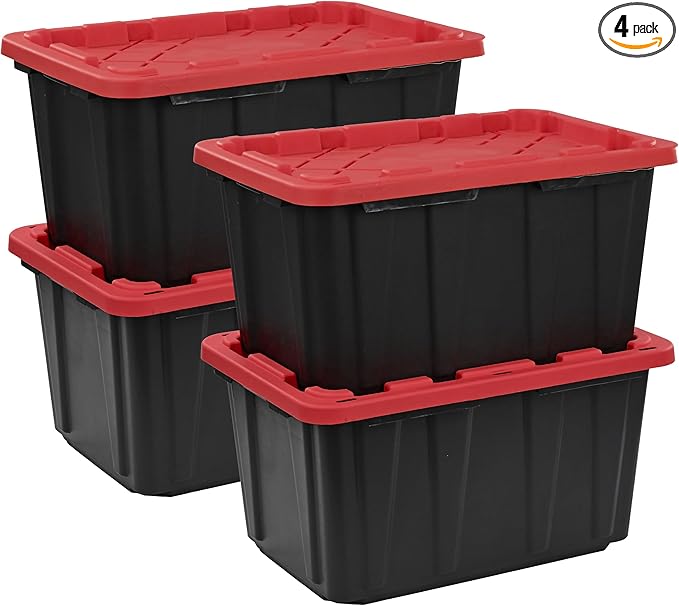 CX BLACK & YELLOW, XTRA TALL 27-Gallon Heavy Duty Tough Storage Container & Snap-Tight Lid, (28.5L x 19.4W x 15.2H), Weather-Resistant Design and Stackable Organization Tote [4 Pack] by BLACKYELLOW