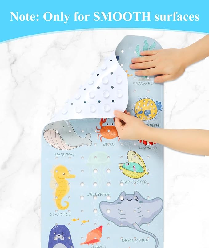 Bath Mat for Tub Non Slip, Machine Washable Anti-Slip Cartoon Baby Bathtub Shower Mat with Drain Holes and Suction Cups for Toddler & Kids, 40 Inch x 16 Inch, Blue Sea Animals - Image 3