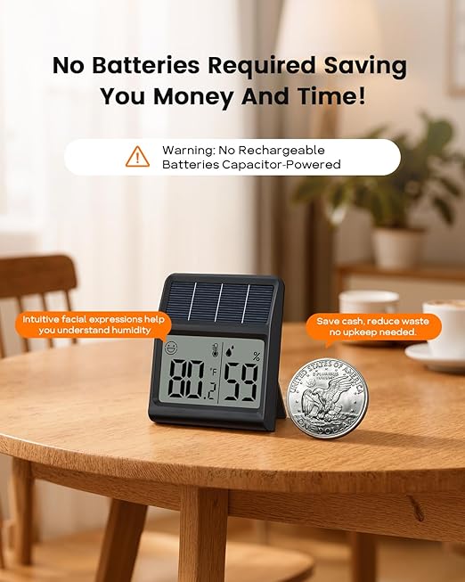 Digital Indoor Thermometer & Hygrometer, Light Powered (No Rechargeable Batteries Runs Only on Real-time Light Exposure) Solar Indoor Temperature and Humidity Monitor, Humidity Gauge - Image 4