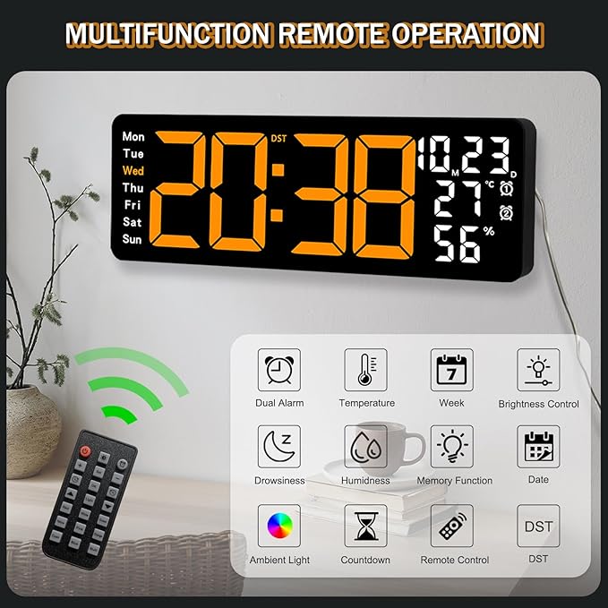 JoFomp 17.3" Large Digital Wall Clock, LED Digital Clock Large Display with Remote Control, Alarm Clock with Temp/DST/Dimmer/Humidity/Timer/Ambient Light - 12/24H, Alarm Wall Clock for Bedroom - Image 4