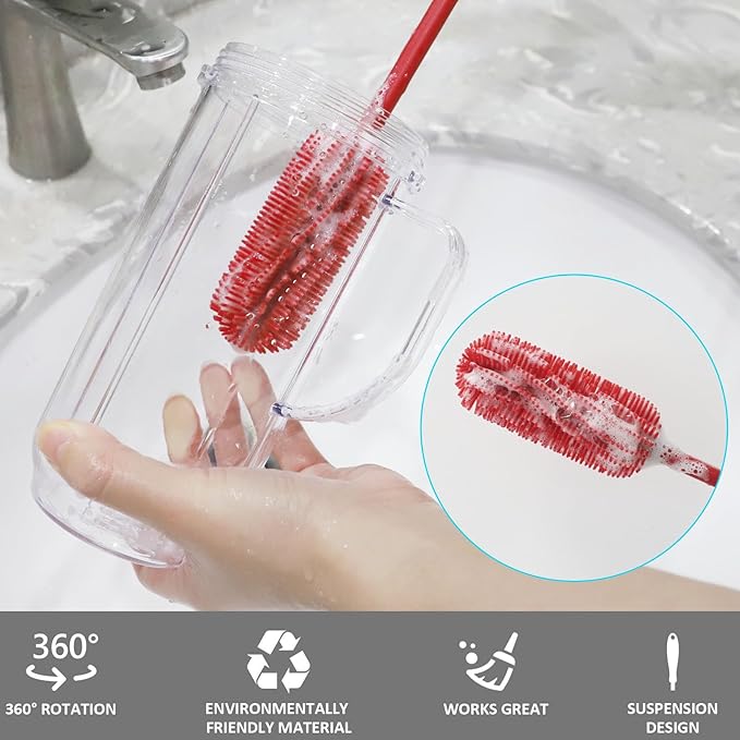 15.7" Silicone Bottle Brush, ddLUCK Water Bottle Cleaner Brush for Stanley, Hydroflasks, Glass, Thermos Sports Bottle, Vase and Glassware, Bottle Brush Cleaner for Small Narrow Neck Containers (Red) - Image 4