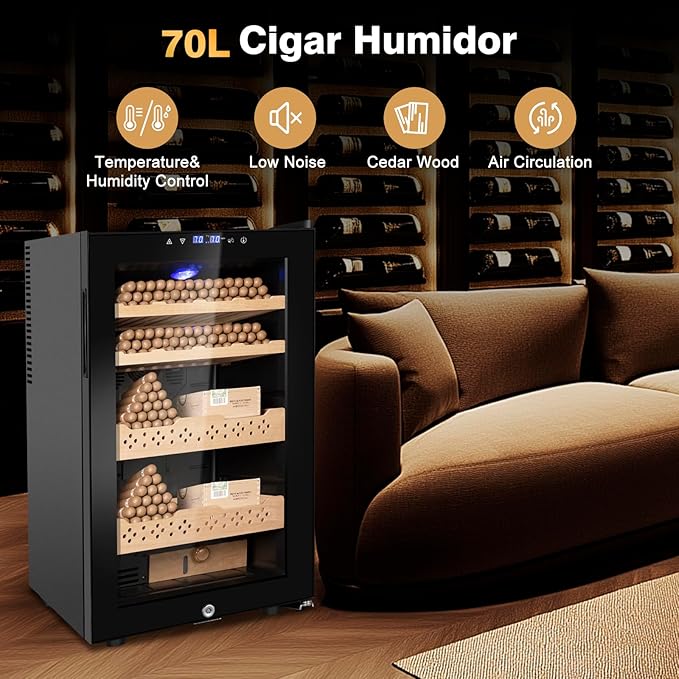 Electric Cooler Cabinet 70L with Temperature and Humidity Control, Spanish Cedar Wood Shelves and Safety Lock (490 Counts Capacity), Gift for Men - Image 8