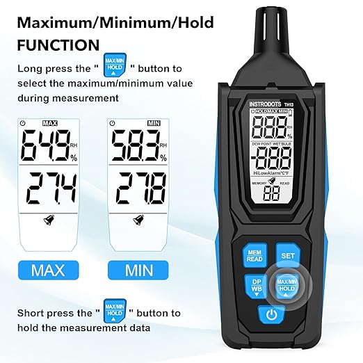 Temperature Humidity Meter, High Precision Digital Psychrometer Hygrometer with Dew Point, Wet Bulb Thermometer for Indoor Outdoor, 99 Data Storage, Temp Alarm, Backlight, MAX/MIN, Auto Shutdown - Image 4