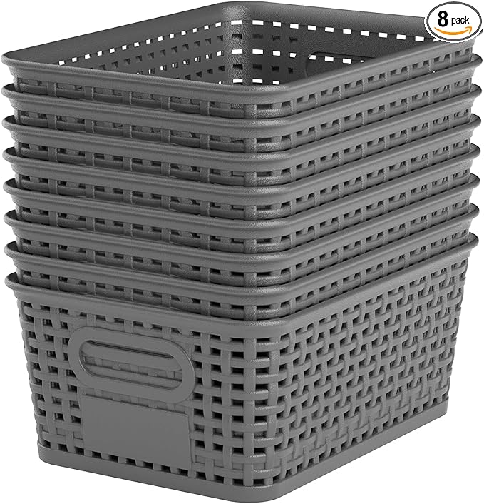 Gray Plastic Storage Baskets - Pack of 8 with Labels Stackable Durable Storage Bins, Storage Containers for Organizing Desks, Closets, Playrooms, Classrooms, Offices by WRRLORS