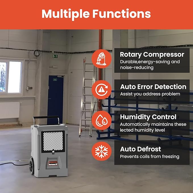 ABESTORM Hurricane DV Commercial Dehumidifiers with Pump and Drain Hose, Auto Defrosting Industrial Dehumidifiers with Wheels for Basements, Water Damage Restoration or Garages - Image 4