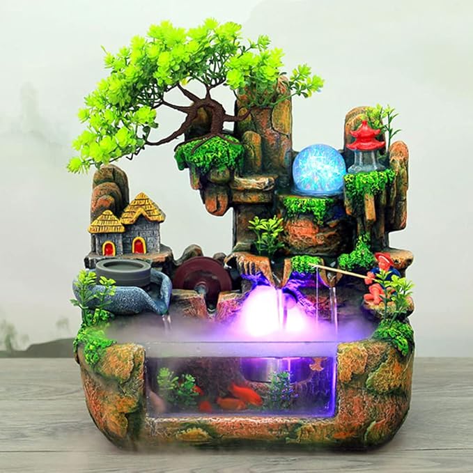 15" LED Desktop Fountain Waterfall Decor, Atomizing Desktop Humidifier w/LED Lights & Atomizer for Office Home Desk Decoration Gift Zen Meditation Resin Rockery Water Fountain Bonsai Bedroom Relax - Image 3