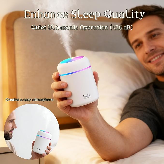 300ml USB Cool Mist Small Humidifier with Colorful Lights,Portable Mini Humidifier, Perfect for Bedroom, Office, Plants, travel & Car, White - Image 3