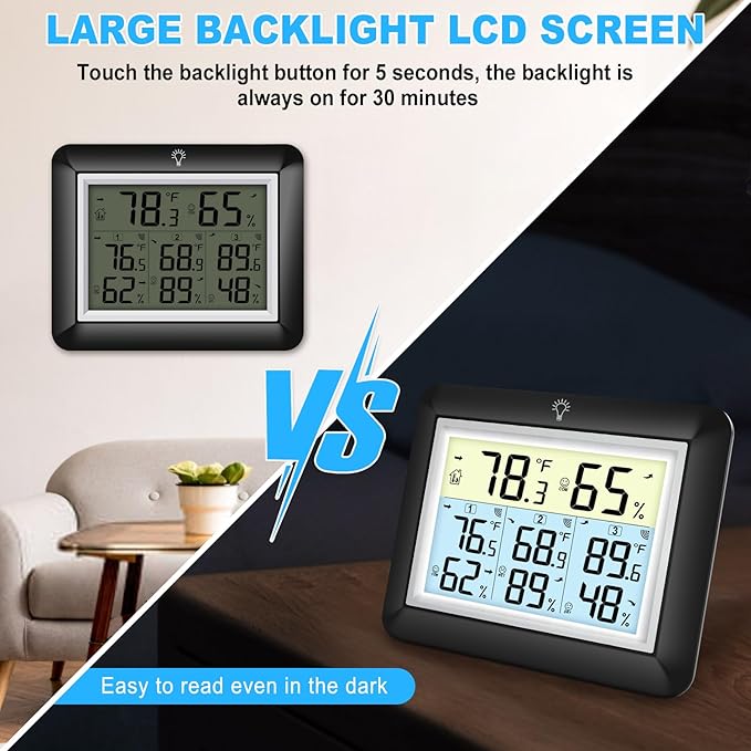 Urageuxy Indoor Outdoor Thermometer Wireless with 3 Sensors, 328ft Range Digital Hygrometer Temperature Humidity Monitor for Home, Greenhouse, Kitchen, Bedroom, Backlight, Black - Image 7
