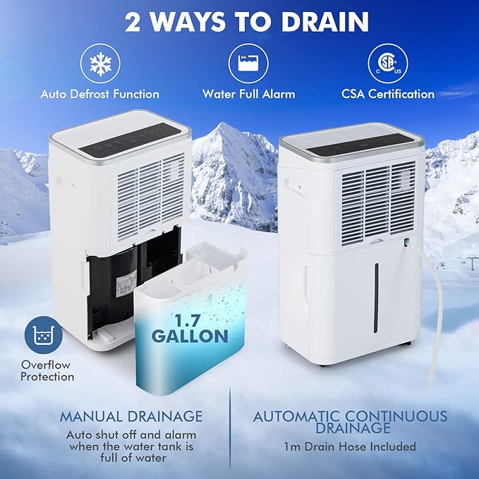 COSTWAY 4000 Sq. Ft Dehumidifier for Basement, 60 Pints Dehumidifier with Drain Hose, 3 Modes, 3-Color Digital Display, 24H Timer, 1.7 Gallon Water Tank, Auto Defrost, Ideal for Home, Large Room - Image 3
