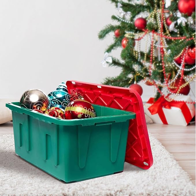 HOMZ 2-Pack Durabilt, Heavy Duty Plastic Storage Bins with Lids, 27 Gallon, Green/Red - Stackable Container Boxes for Holiday, Attic, and Garage Organization - Image 9