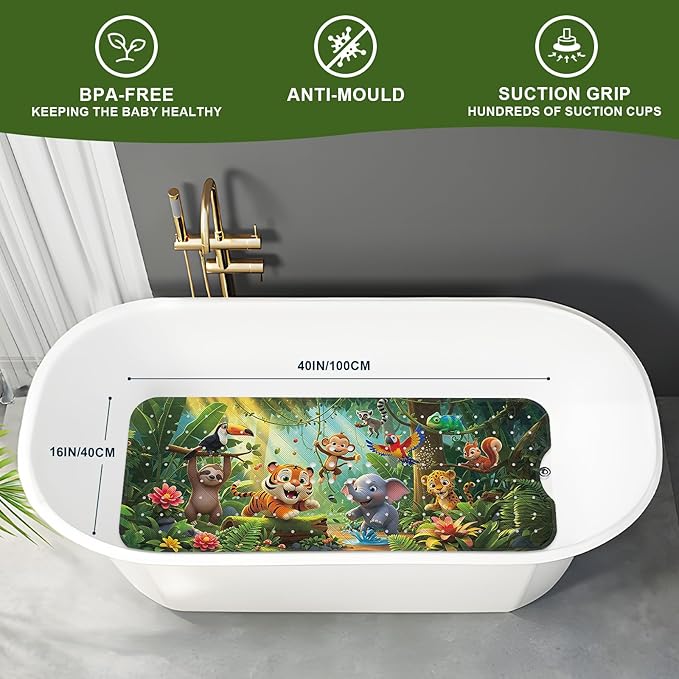 XIYUNTE Upgrade Baby Bath Mat Non Slip - 40"x16" Extra Long Kids Bath Mat for Tub Non Slip Bathtub Mat Eco-Friendly Toddler Bath Mats with Suction Cups, Machine Washable and No Fading, Animal Forest - Image 2