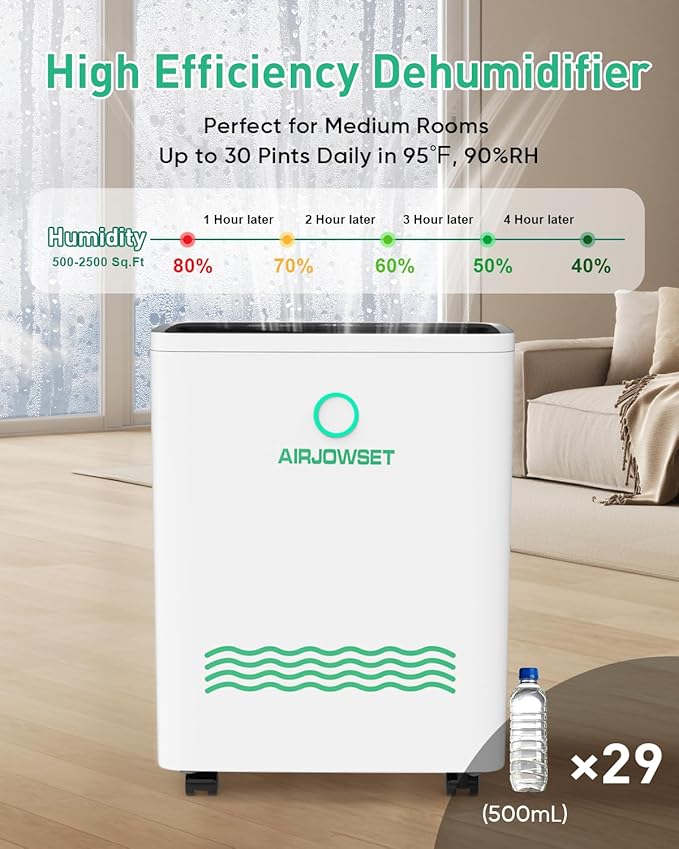 Dehumidifier for Home 2500 Sq.Ft, AIRJOWSET 30 Pints Dehumidifiers 0.6 Gallon Water Tank with Drain Hose and 24H Timer Adjustable Humidity, Dehumidifier for Basement Bedroom Bathroom - Image 6
